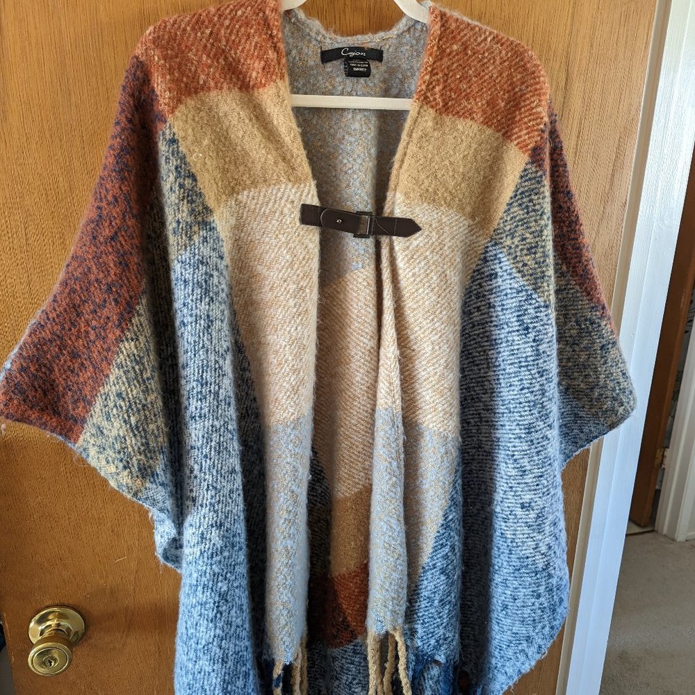 Cejon Super-Soft Check Poncho, Blue, Orange & Tan